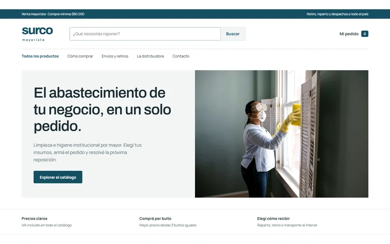 Inicio de Surco Mayorista con búsqueda, fotografía de limpieza y opciones para armar un pedido.